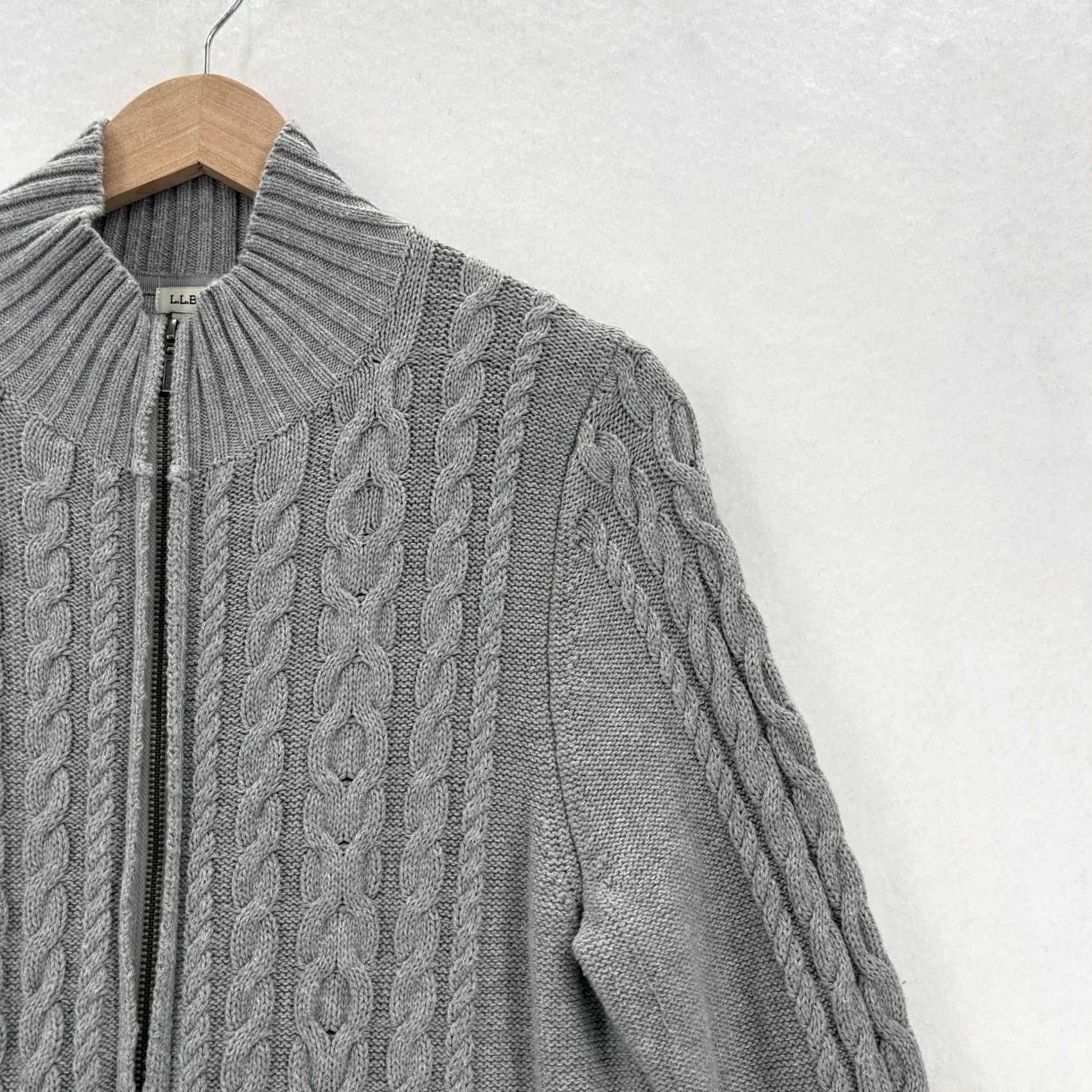 Vintage L.L.Bean Cardigan Sweater Womens Large Gray 100% Cotton Cable-Knit Full Zip Mock Neck Winter Size L / US 10 / IT 46 - 2 Thumbnail