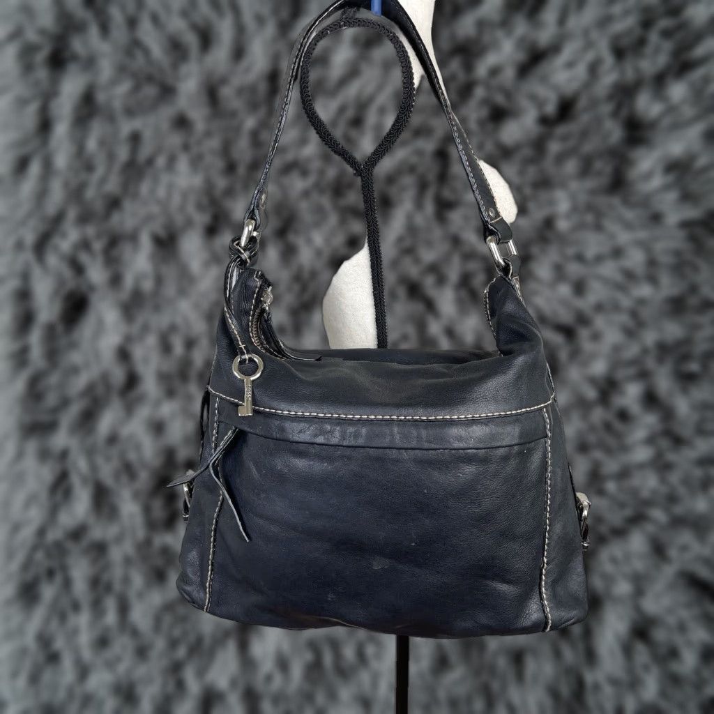 Fossil Leather Tote Handbag Satchel Black Pebbled Shoulder Bag Multi Pocket in White, Women's