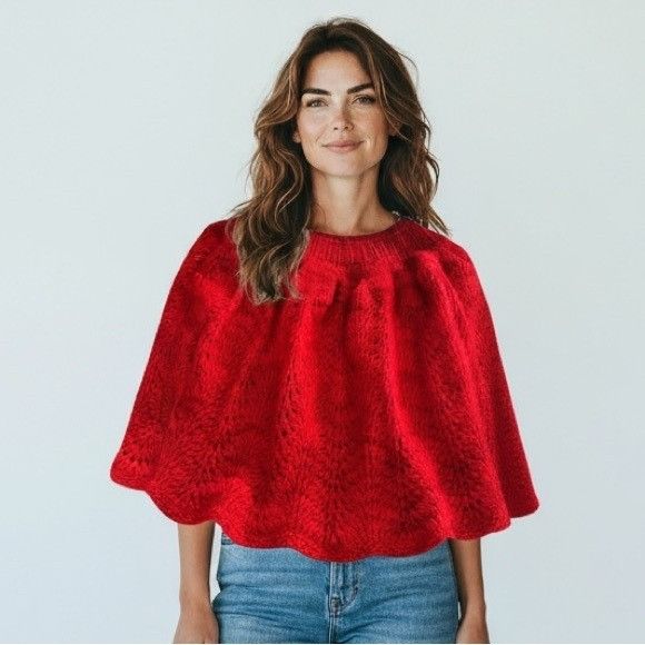 Handmade Handmade Knit Red Poncho Shawl Size ONE SIZE - 1 Thumbnail