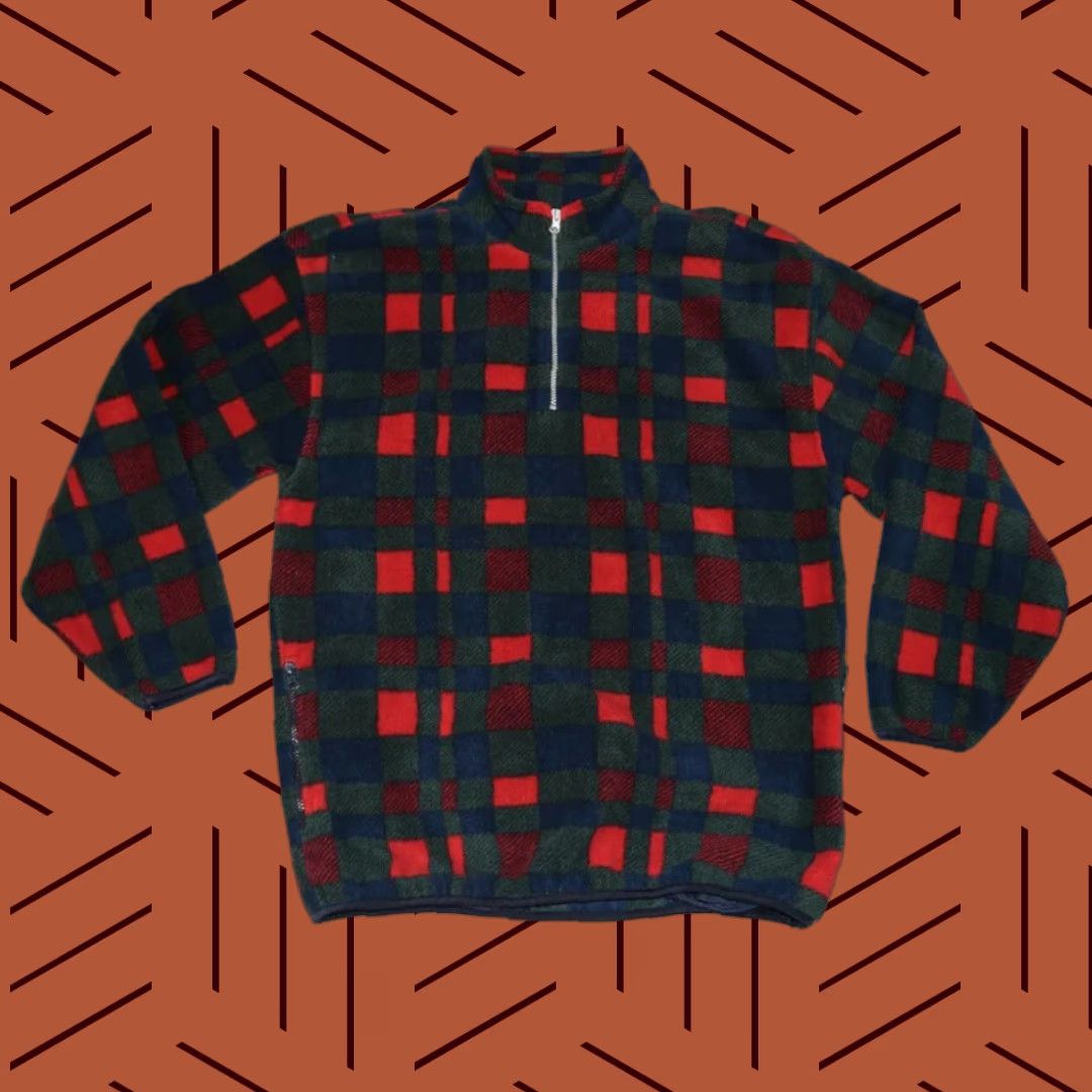 Sears VTG SEARS Trader Bay Western Plaid Fleece Jacket 1/4 Zip Retro Green Red Mens M Shirt Size US M / EU 48-50 / 2 - 1 Thumbnail