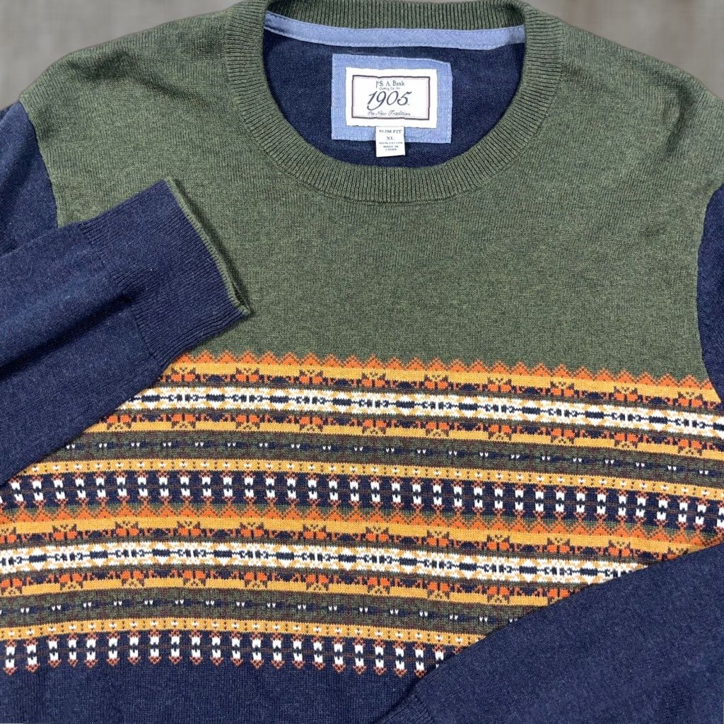 Jos. A. Bank Jos. A Bank Sweater Men XL Blue Green Crewneck Slim Fit Nordic Grandpa Cotton Shirt Size US XL / EU 56 / 4 - 1 Thumbnail