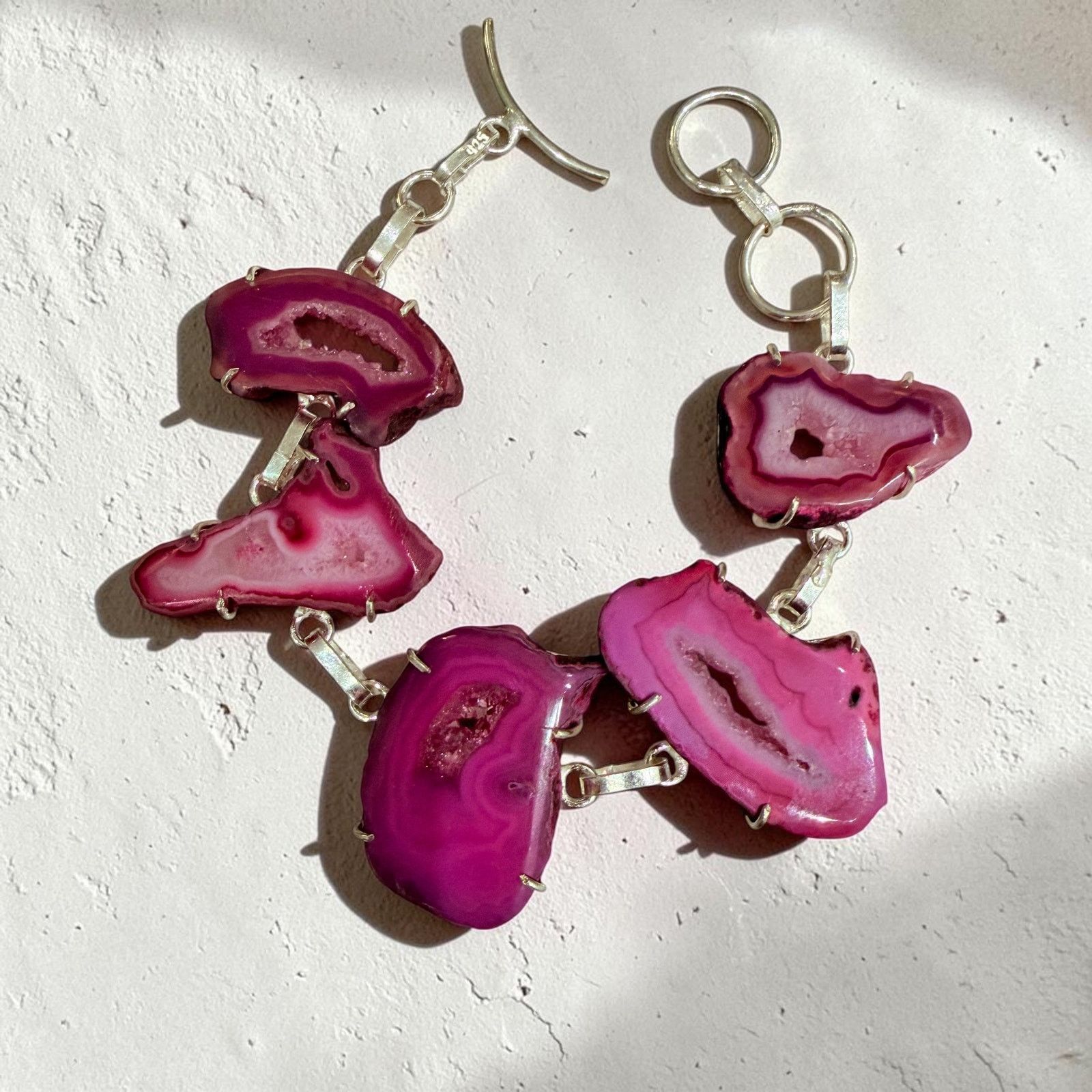 The Unbranded Brand Pink Druzy Agate Slice Toggle Bracelet 925 Silver Plated Size ONE SIZE - 1 Thumbnail