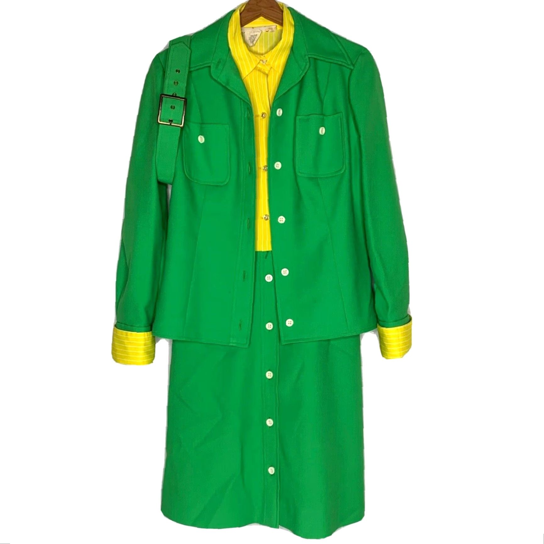 Vintage VINTAGE California Girl Dress and Jacket Set 1960s Green Yellow Mod Stripe Size 12 Womens Size XL / US 12-14 / IT 48-50 - 2 Thumbnail