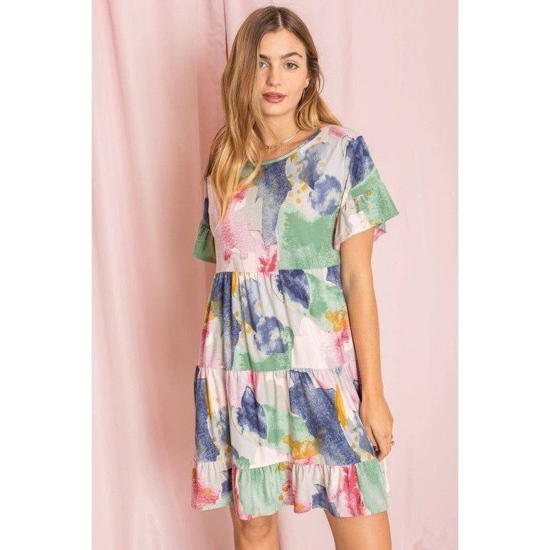 Other Watercolor Tiered Babydoll Dress Short Sleeve Lightweight Wo Size S / US 4 / IT 40 - 1 Thumbnail