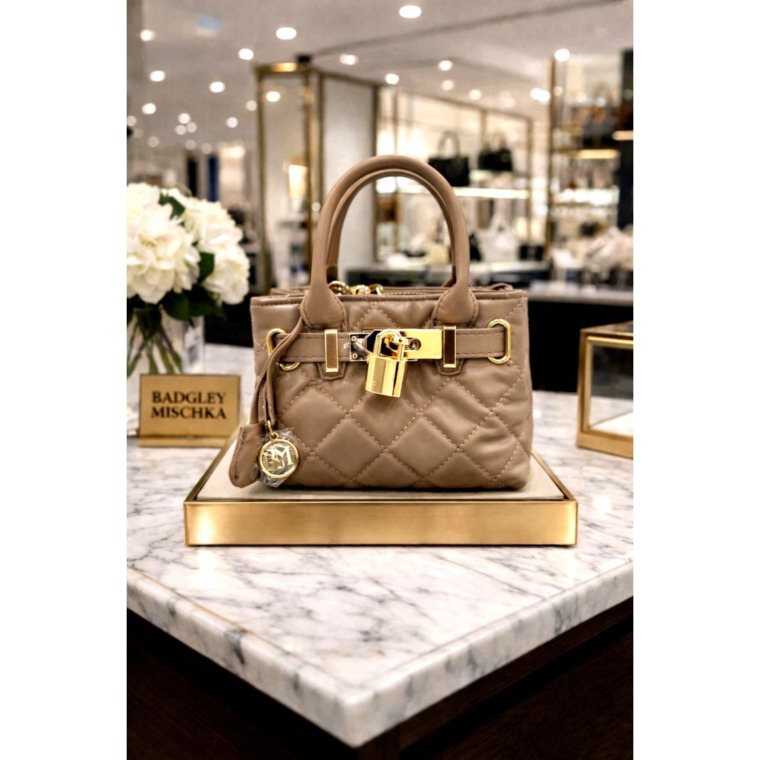 Badgley Mischka Badgley Mischka Mini Diamond Quilted Tote - Taupe Size ONE SIZE - 1 Thumbnail