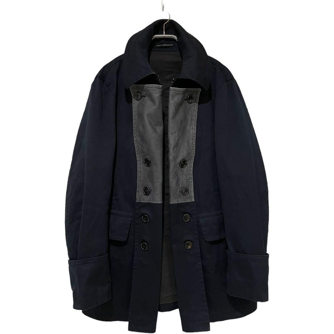 image of Yohji Yamamoto Leather Switching Color Double Coat in Black, Men's (Size XL)