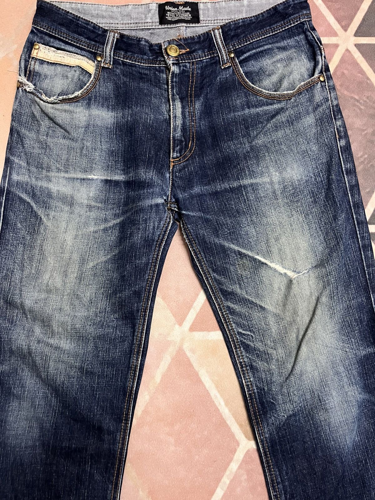 Japanese Brand Evil Number Japan union made distressed big e type fabric Size US 33 - 6 Thumbnail