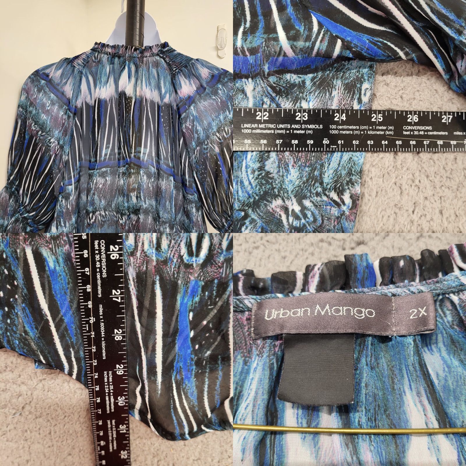 Mango Urban Mango Shirt Women's 2X Blue Multicolor Boho Abstract Sheer Blouse Size XXL / US 16-18 / IT 52-54 - 8 Thumbnail