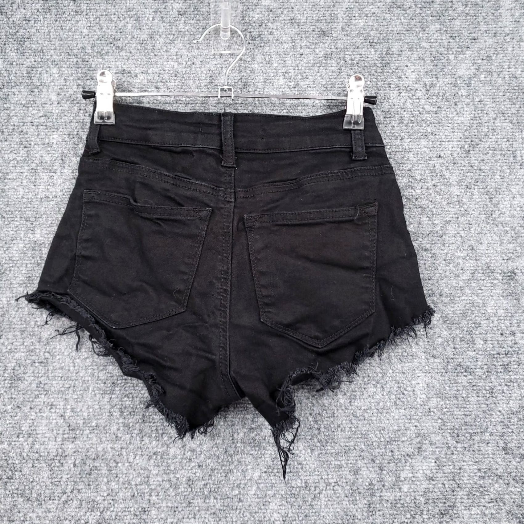 Vintage KanKan Hot Pants Black Denim Shorts Juniors Size 1 Mid Fringe Raw Hem Dark Size 25" / US 0 / IT 36 - 2 Thumbnail