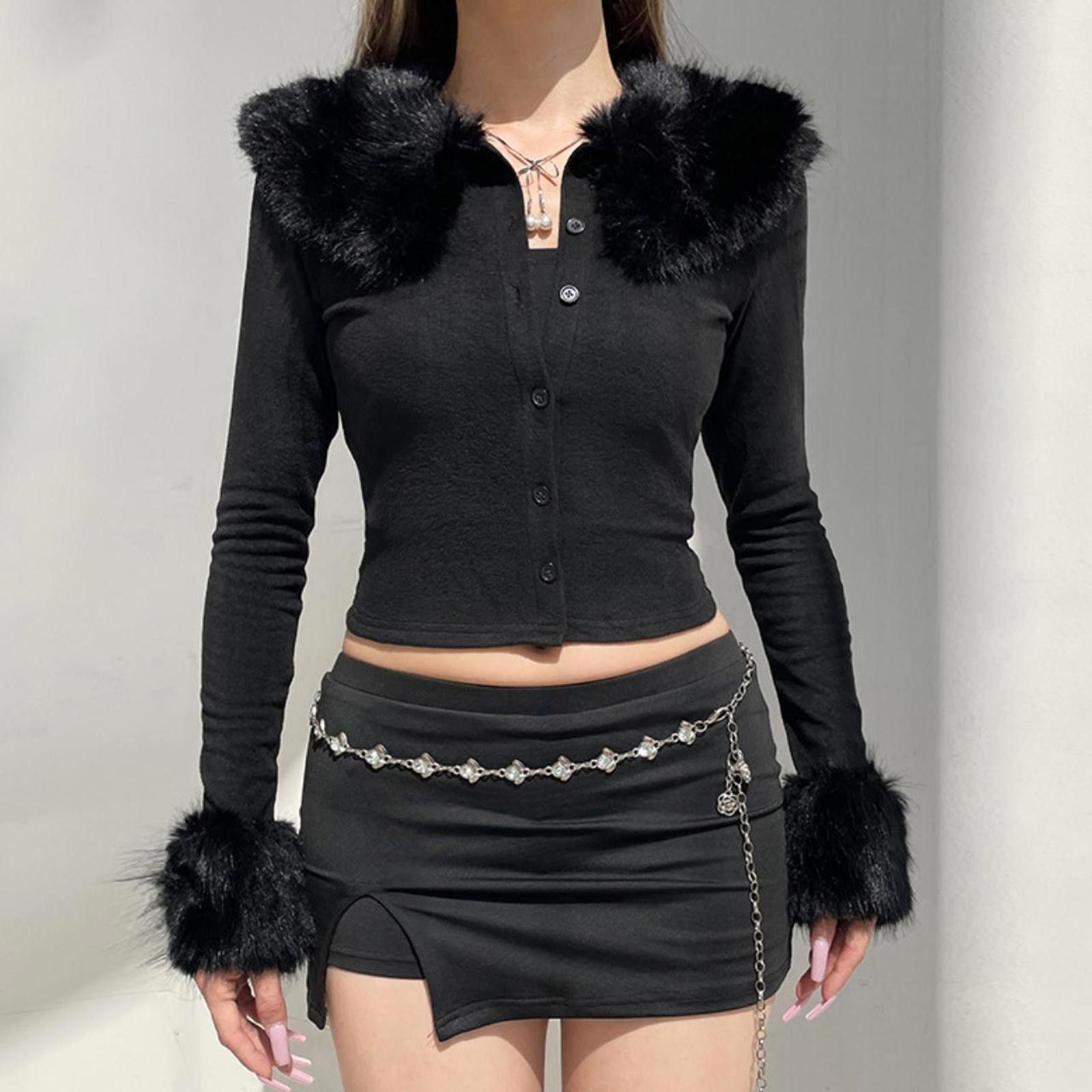 Designer Black Fur Button Up Top Black Fur Jacket Sweater 🐼 Size S / US 4 / IT 40 - 1 Thumbnail