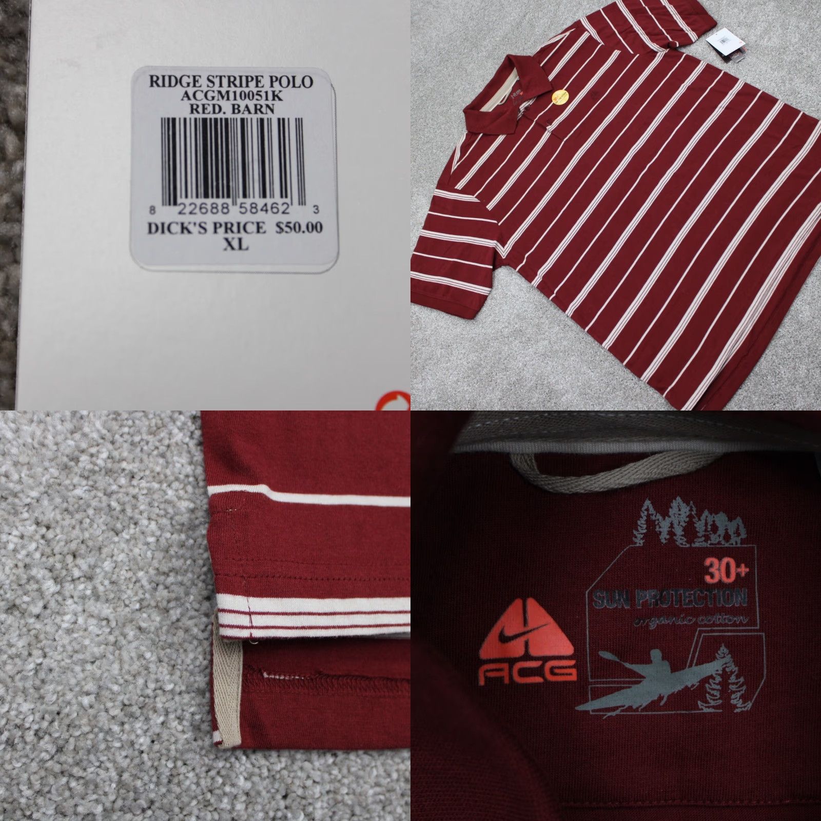 Nike ACG Nike ACG Ridge Stripe Polo Shirt Mens XL Red Barn Organic Cotton S/S SPF 30+ Polo Nike Golf Dri-Fit Reg Fit Size US XL / EU 56 / 4 - 8 Thumbnail