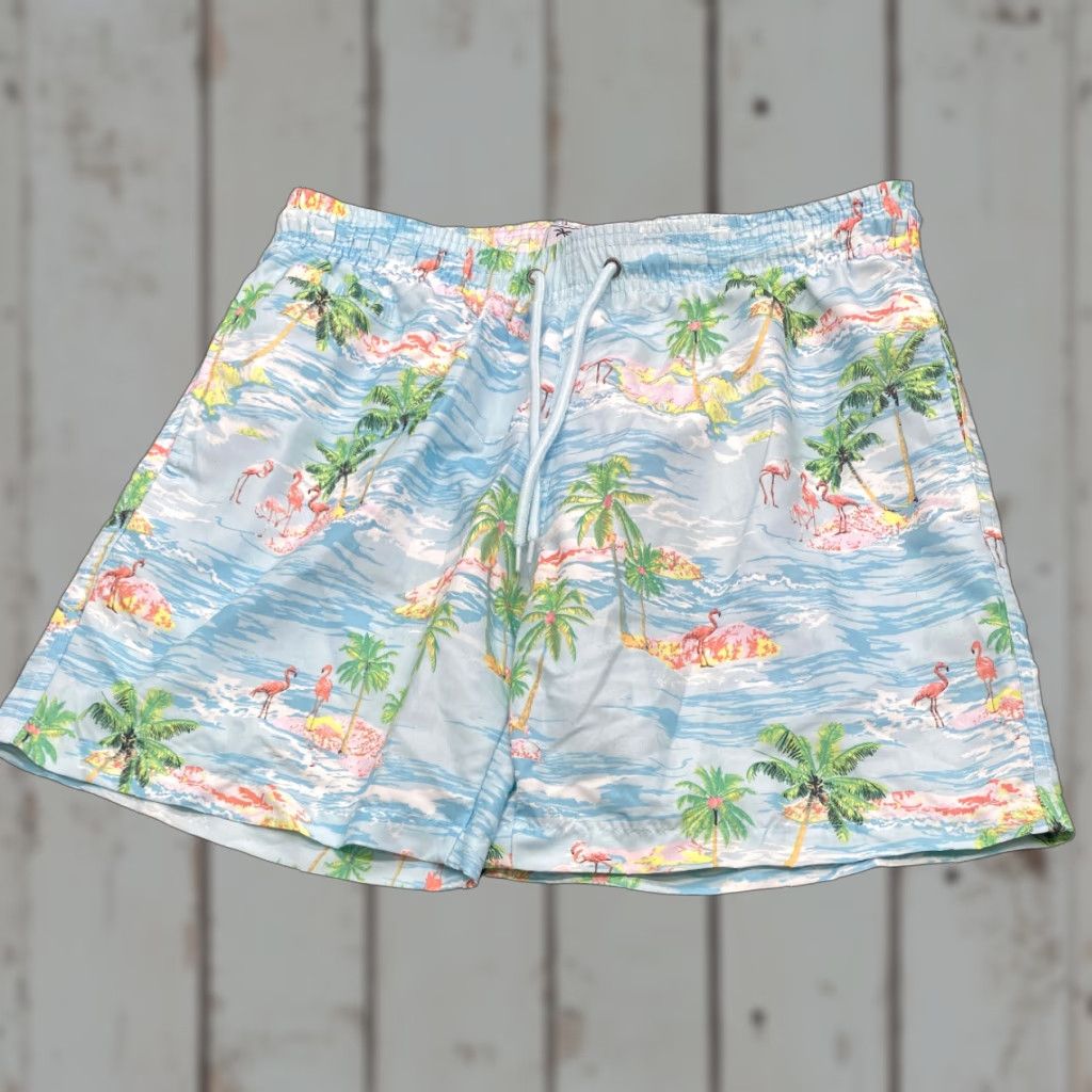 Vintage NWT Free Planet Flamingo Surf Swim Trunks Mens M Lt Blue Tropical Island Beach Size US 31 - 1 Thumbnail