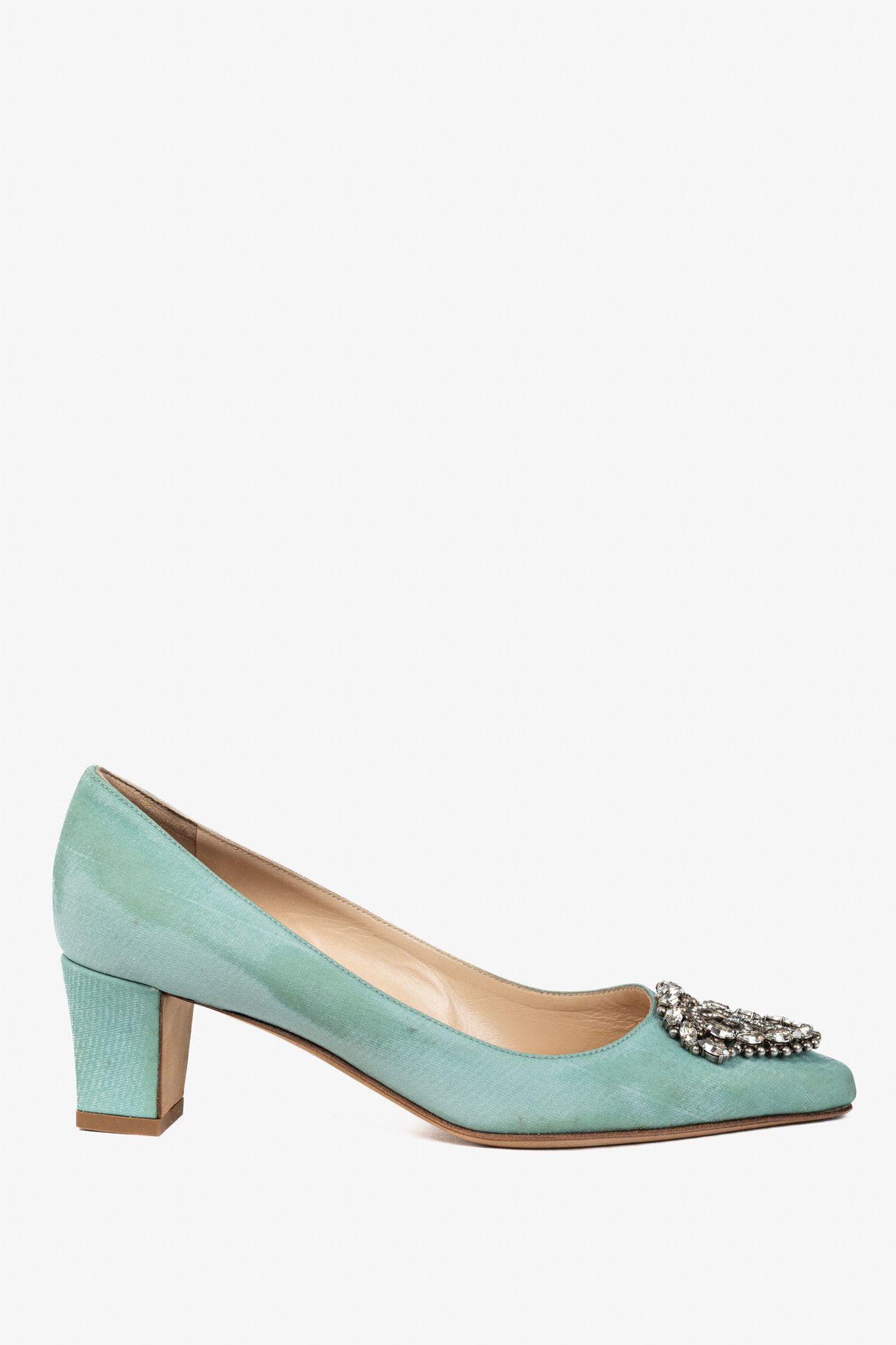 Manolo Blahnik Manolo Blahnik Okkato Teal Crêpe De Chine Jewel Buckle Pumps Size US 5 / IT 35 - 2 Thumbnail