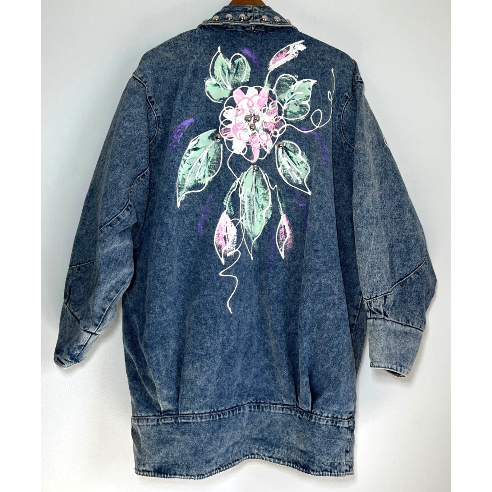Denime VINTAGE Women's Denim Jacket Americana 80s Floral Blue Size L Jacket Womens 80s Americana Floral Denim Pockets Size L / US 10 / IT 46 - 3 Thumbnail