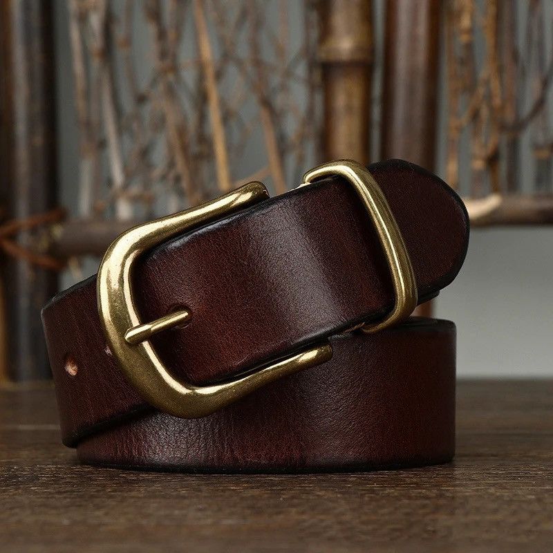 Leather × Vintage Cowhide Genuine Leather High Quality Jean Brass Buckle Belts Size ONE SIZE - 2 Thumbnail