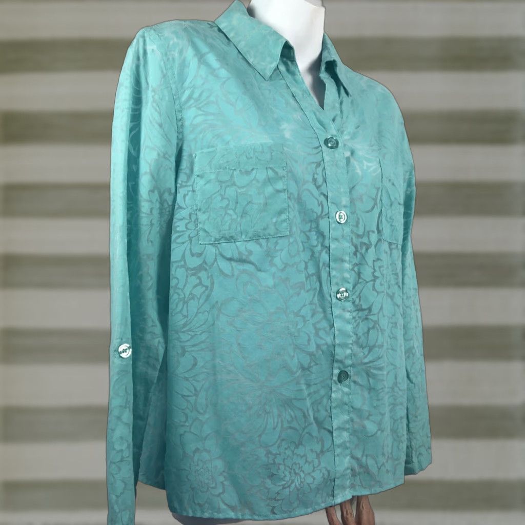 Vintage Sag Harbor Flu Floral Blouse Ladies Large Aqua Roll Tab Sleeve Collared 53% polyester 47% cotton Size L / US 10 / IT 46 - 1 Thumbnail