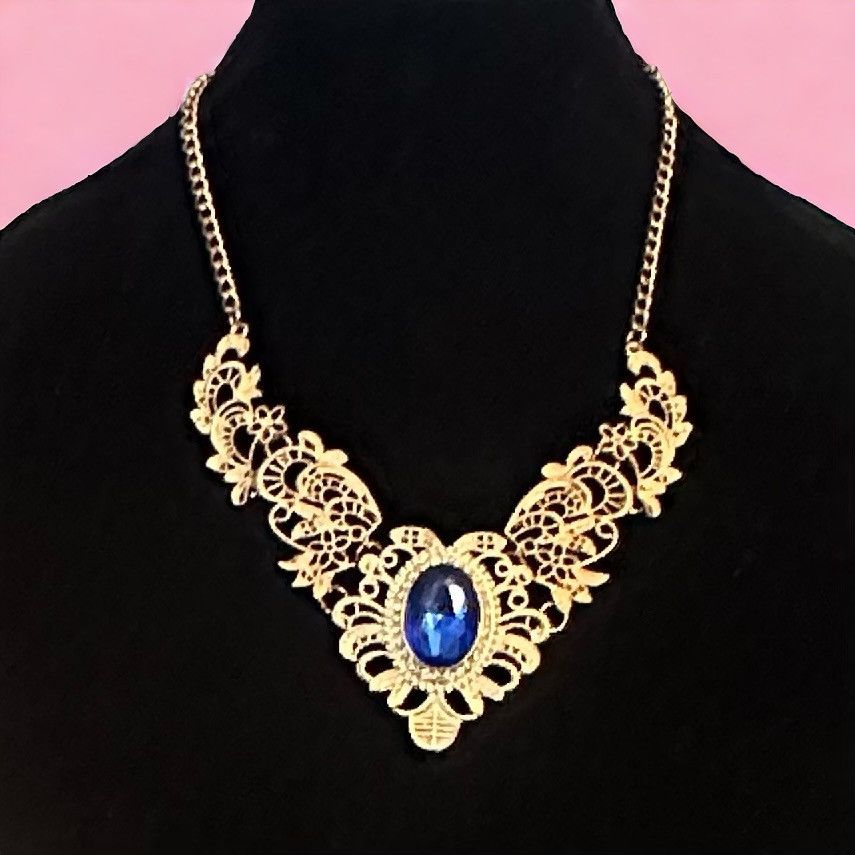 Other Gold tone filigree blue gemstone statement necklace Size ONE SIZE - 1 Thumbnail