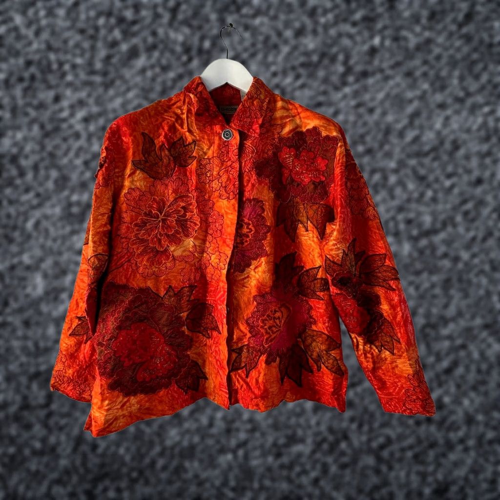 Vintage Chicos Womens Floral Embroidered Applique Jacket Size 2 Silk Red Orange Button Size XS / US 0-2 / IT 36-38 - 1 Thumbnail