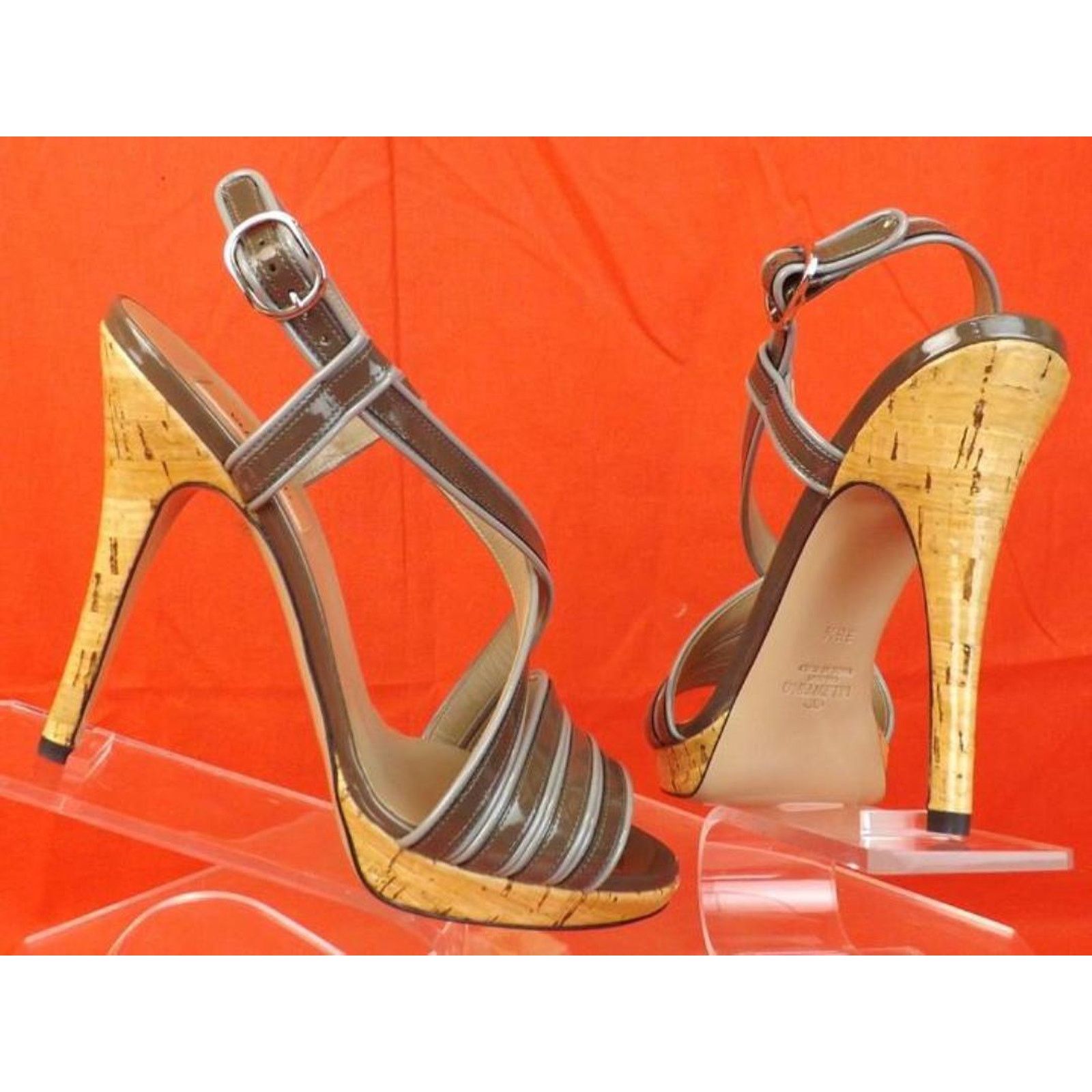 Valentino TAUPE GRAY STRAPPY PATENT LEATHER CORK SANDALS PUMPS 39 9 Size US 9 / IT 39 - 2 Thumbnail