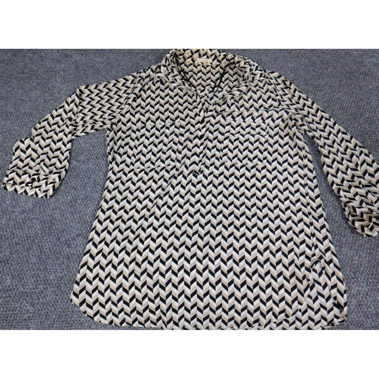 Vintage Pleione Blouse XS Beige Striped Button Pullover Long Sleeve Collared Bell Sleeve Regular Womens Size XS / US 0-2 / IT 36-38 - 3 Thumbnail