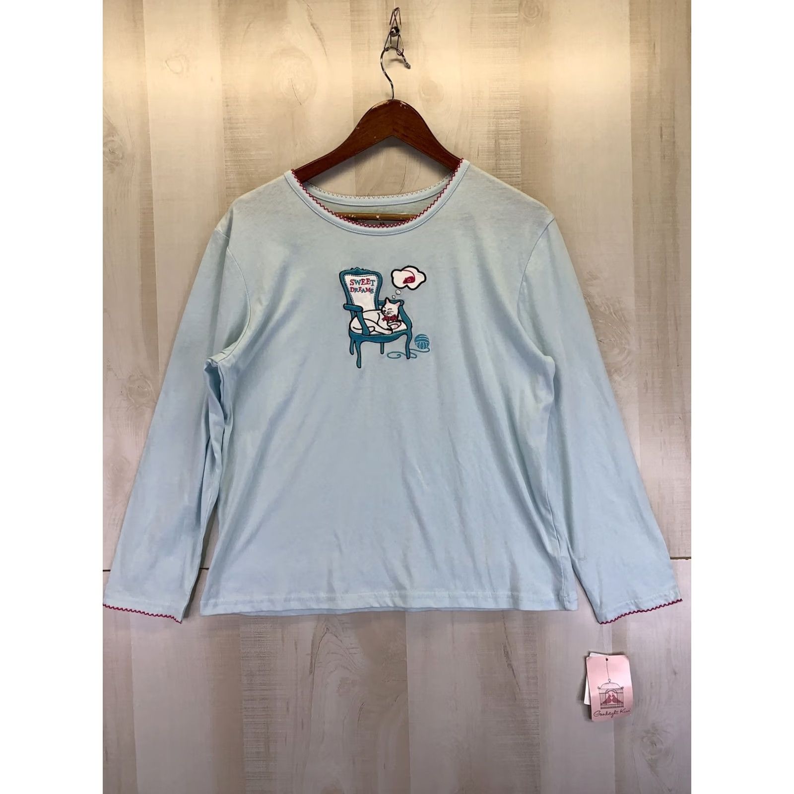 Vintage VINTAGE? Goodnight Kiss Sweet Dreams Cat Sleeping Embroidered Long Sleeve Top Large NWD Ladies Pajama Top Blue Size L / US 10 / IT 46 - 2 Thumbnail
