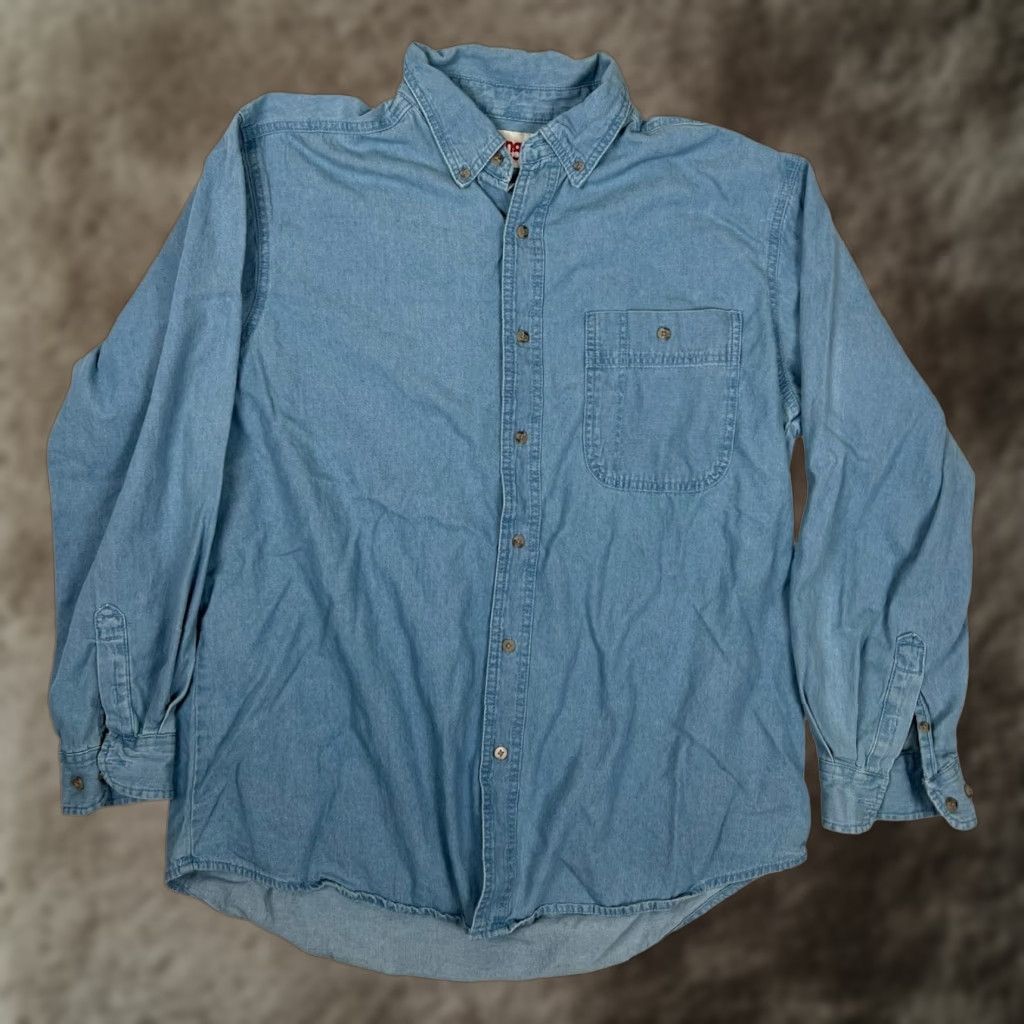 Wrangler VINTAGE Wrangler Rugged Wear Shirt Denim Blue Western Button Front XL Mens Regular Cotton Spandex Pocket Western Theme 90s? Size US XL / EU 56 / 4 - 1 Thumbnail