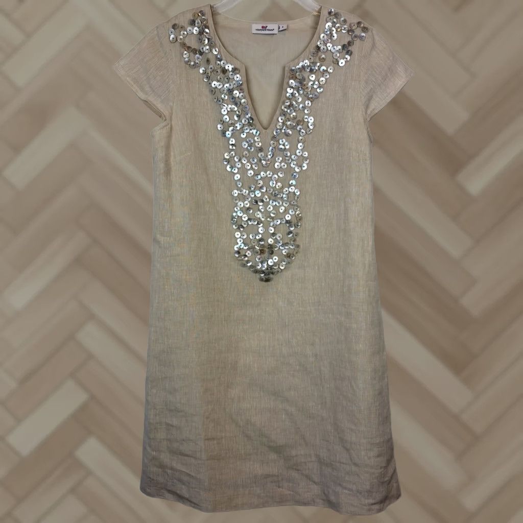 Vineyard Vines Vineyard Vines Shift Dress Womens 4 Beige Linen Blend Lined Button Embellishment Size S / US 4 / IT 40 - 1 Thumbnail