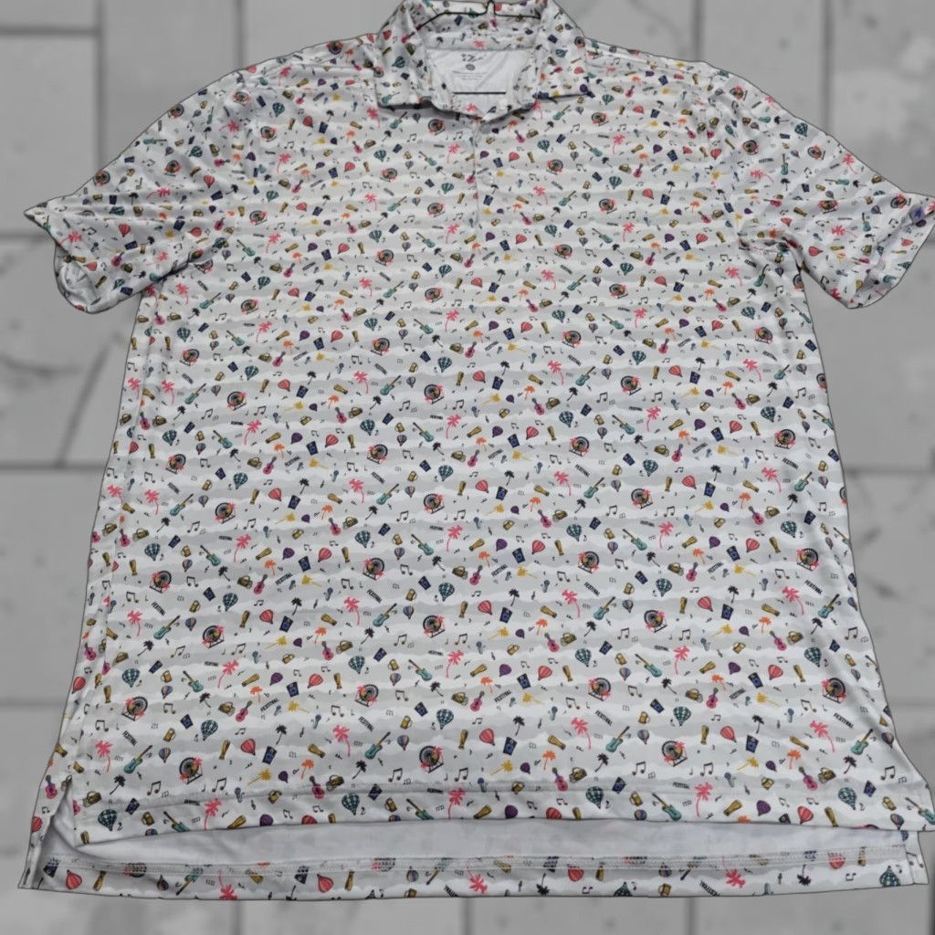Vintage 1764 Golf Polo XL White All Over Print Festival Guitar Performance Polo Men Short Sleeve Collared Button Size US XL / EU 56 / 4 - 1 Thumbnail