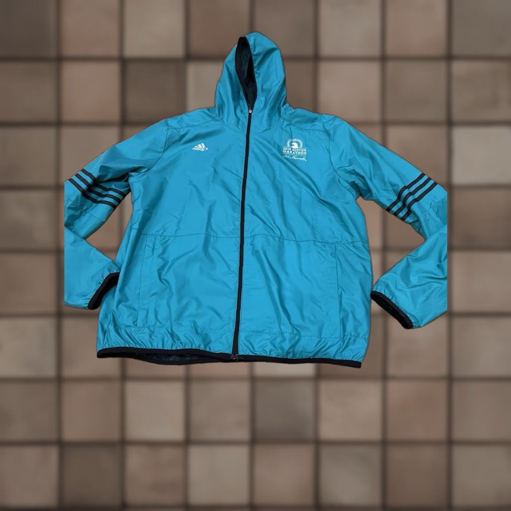 Adidas Adidas Windbreaker Jacket Climaproof Climalite Boston Marathon 2016 Mens Large Turquoise Striped Zip Stand-Up Collar Jacket Size US L / EU 52-54 / 3 - 1 Thumbnail