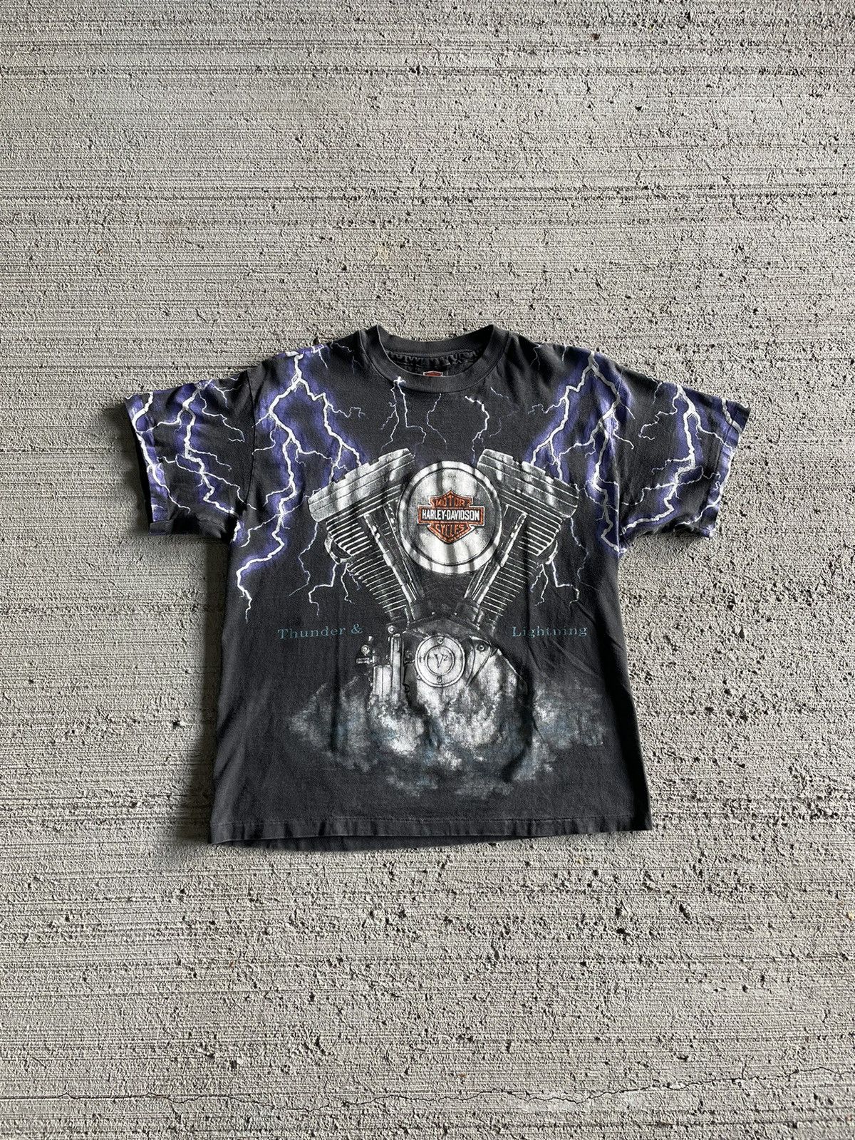 Vintage Vintage 90s Harley Davidson AOP Thunder and Lightning Tee | Grailed