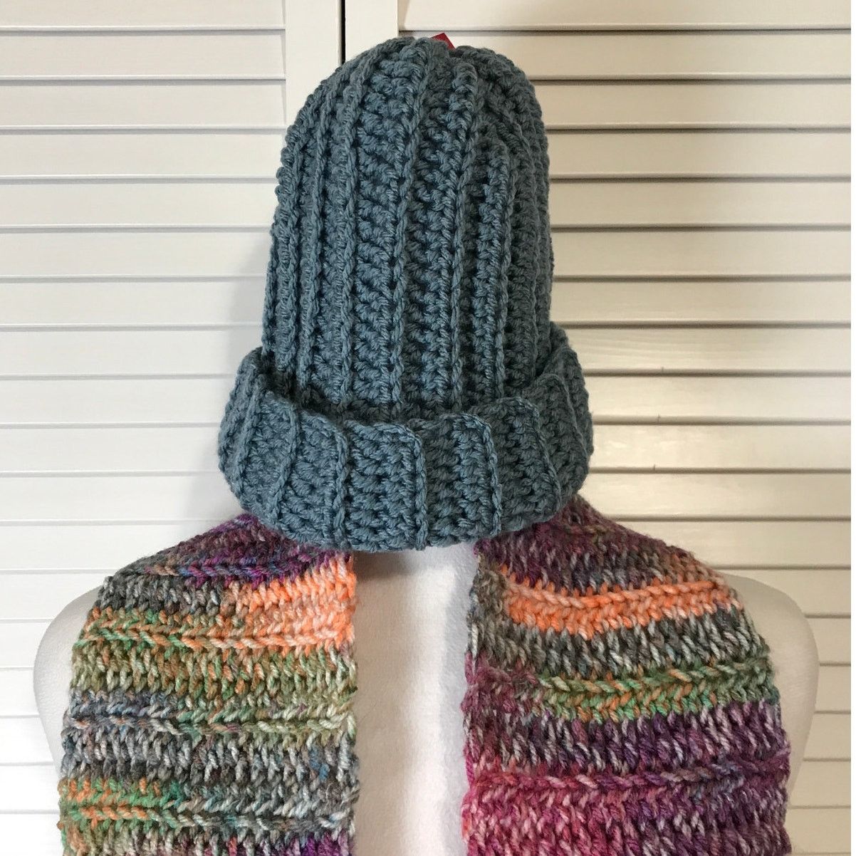 Handmade NWT Handmade Crocheted Blue Textured Beanie & Scarf 64” Size ONE SIZE - 2 Thumbnail