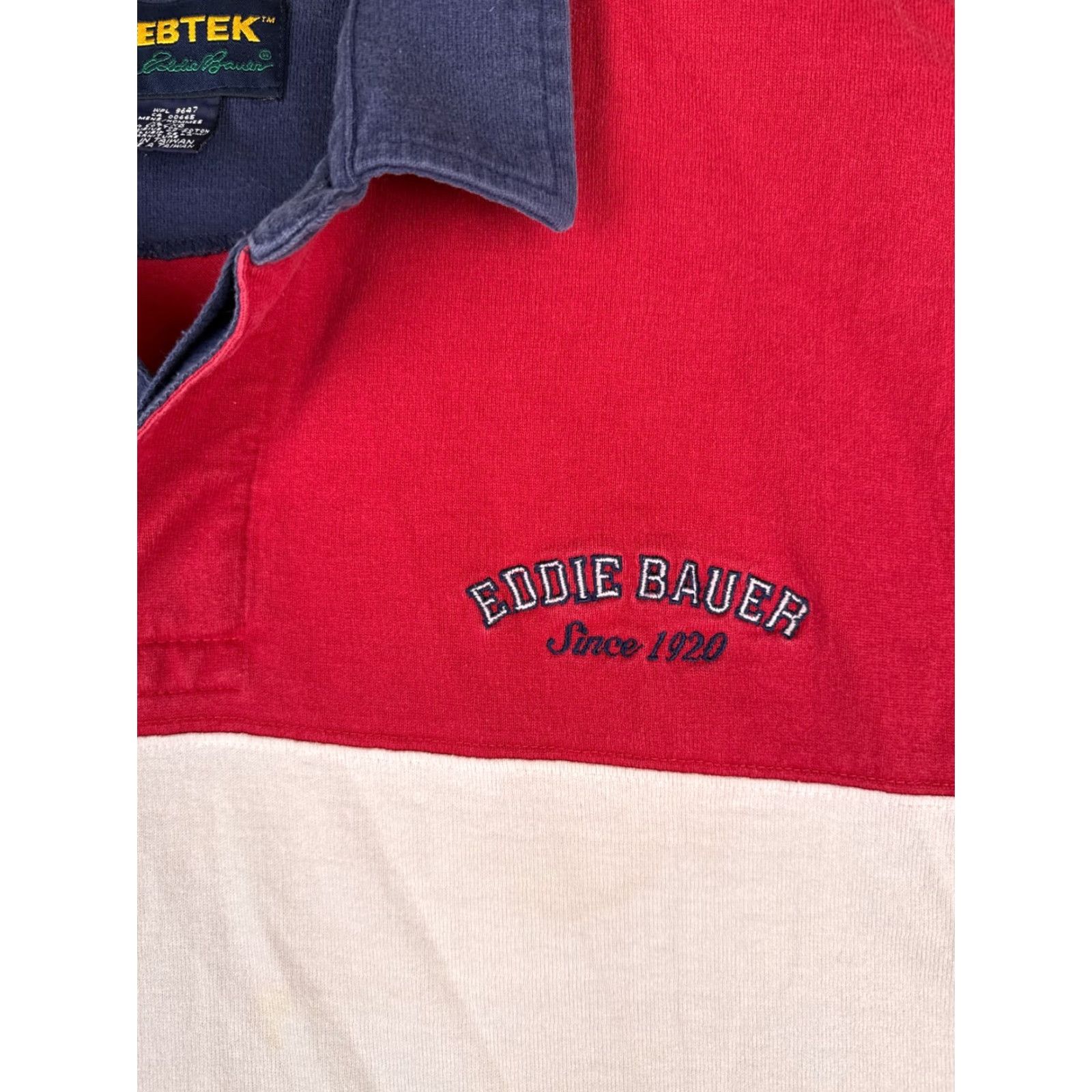 Eddie Bauer VINTAGE Eddie Bauer Polo Shirt Men XL Red Cotton Shirt Long Sleeve Polo EBTEK Striped Embroidered Logo Men's Polo Shirts 1960s 70s 80s Size US XL / EU 56 / 4 - 6 Thumbnail