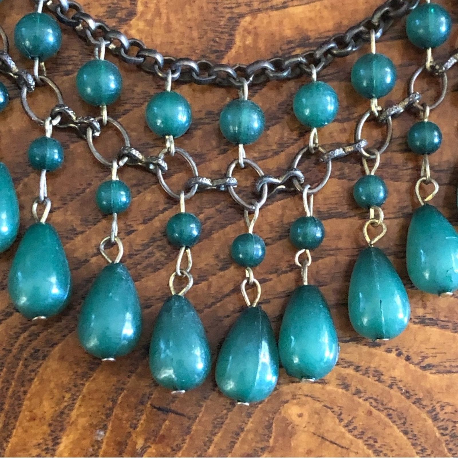 Jewelry Aged brass green beaded fringe bib necklace Size ONE SIZE - 9 Thumbnail