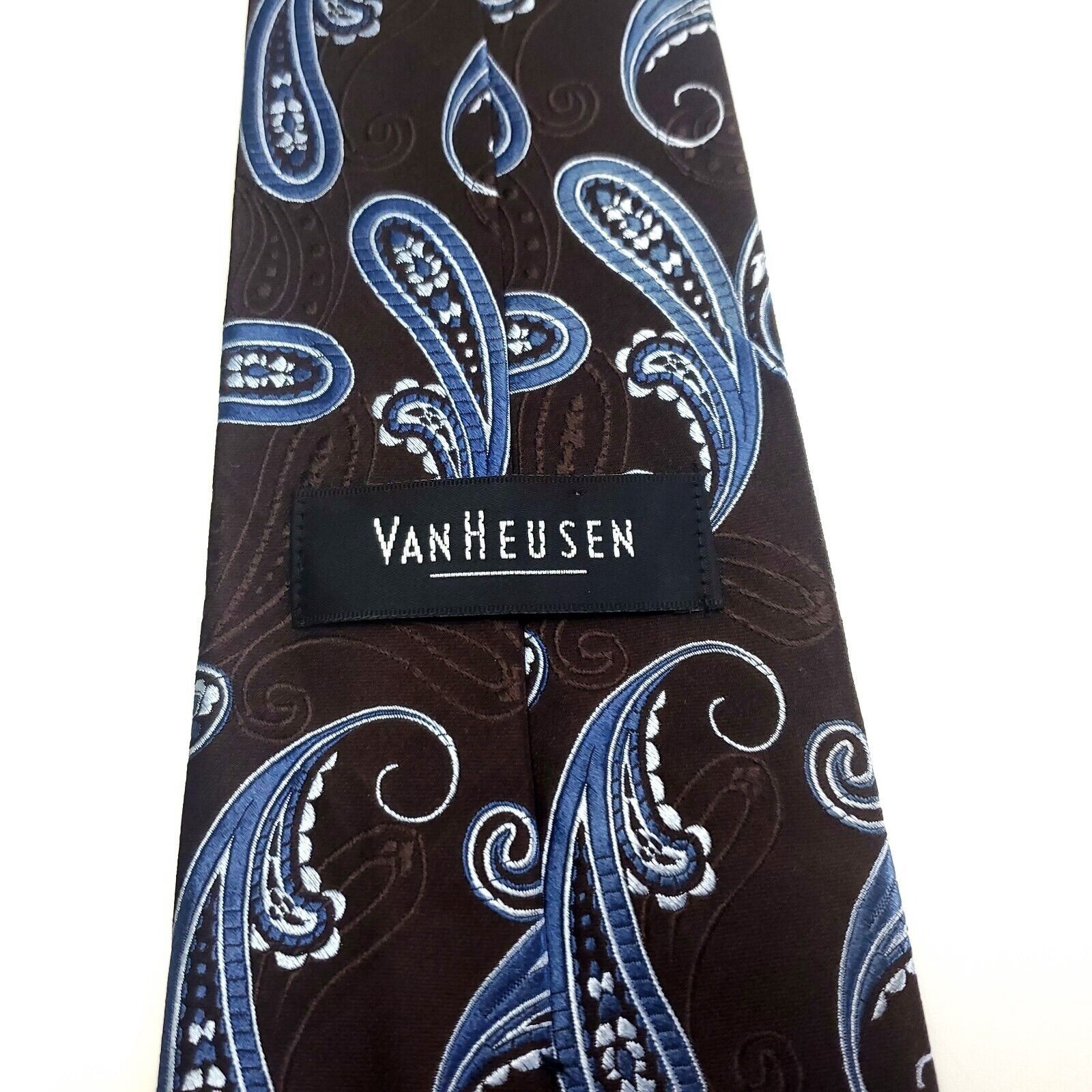 Van Heusen Van Heusen Brown Blue Silk Tie Woven Paisley Wide Size ONE SIZE - 4 Thumbnail