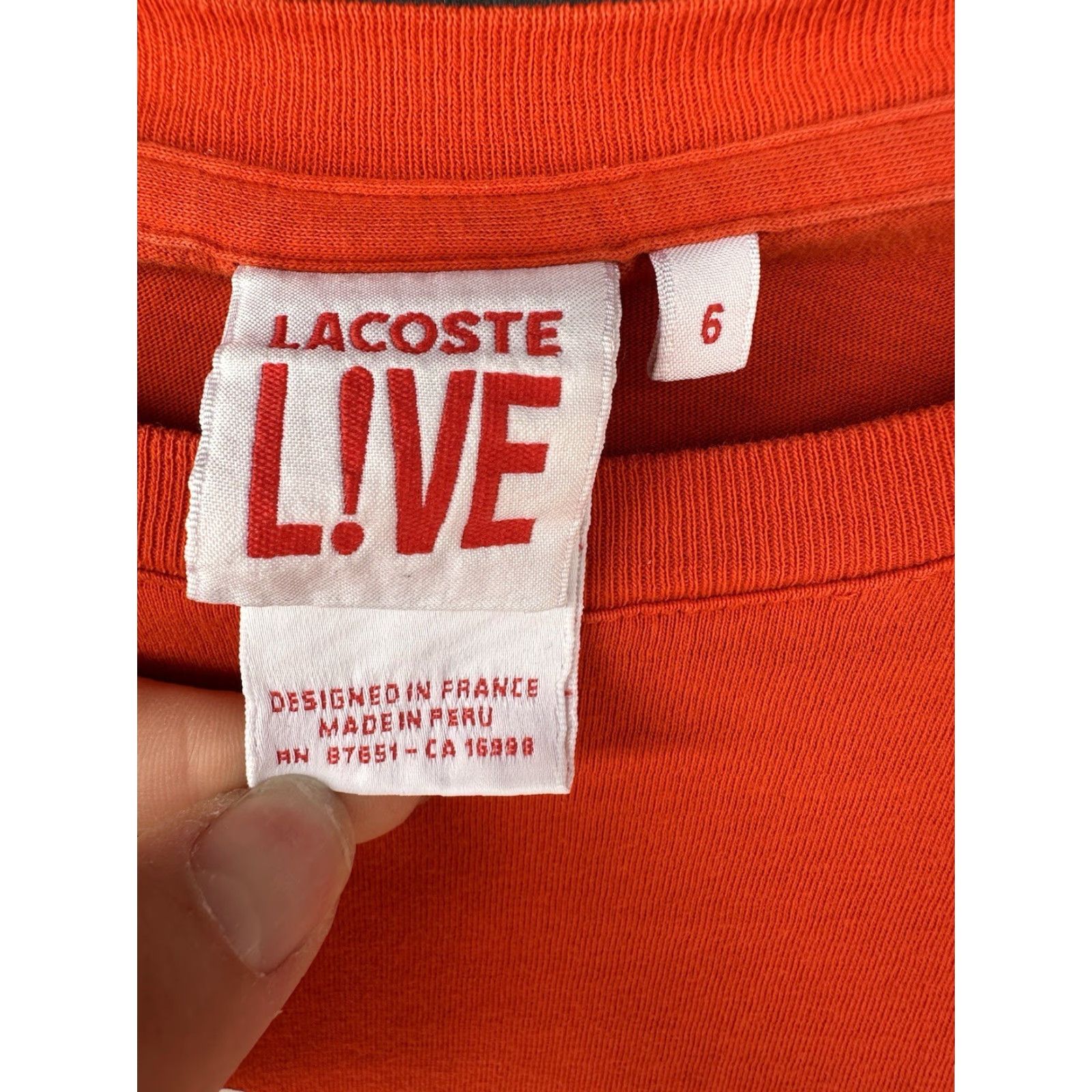 LACOSTE L!VE PARIS Mens T-Shirt Orange Short Sleeve Cotton Size 6 Crew Neck Regular Shirt