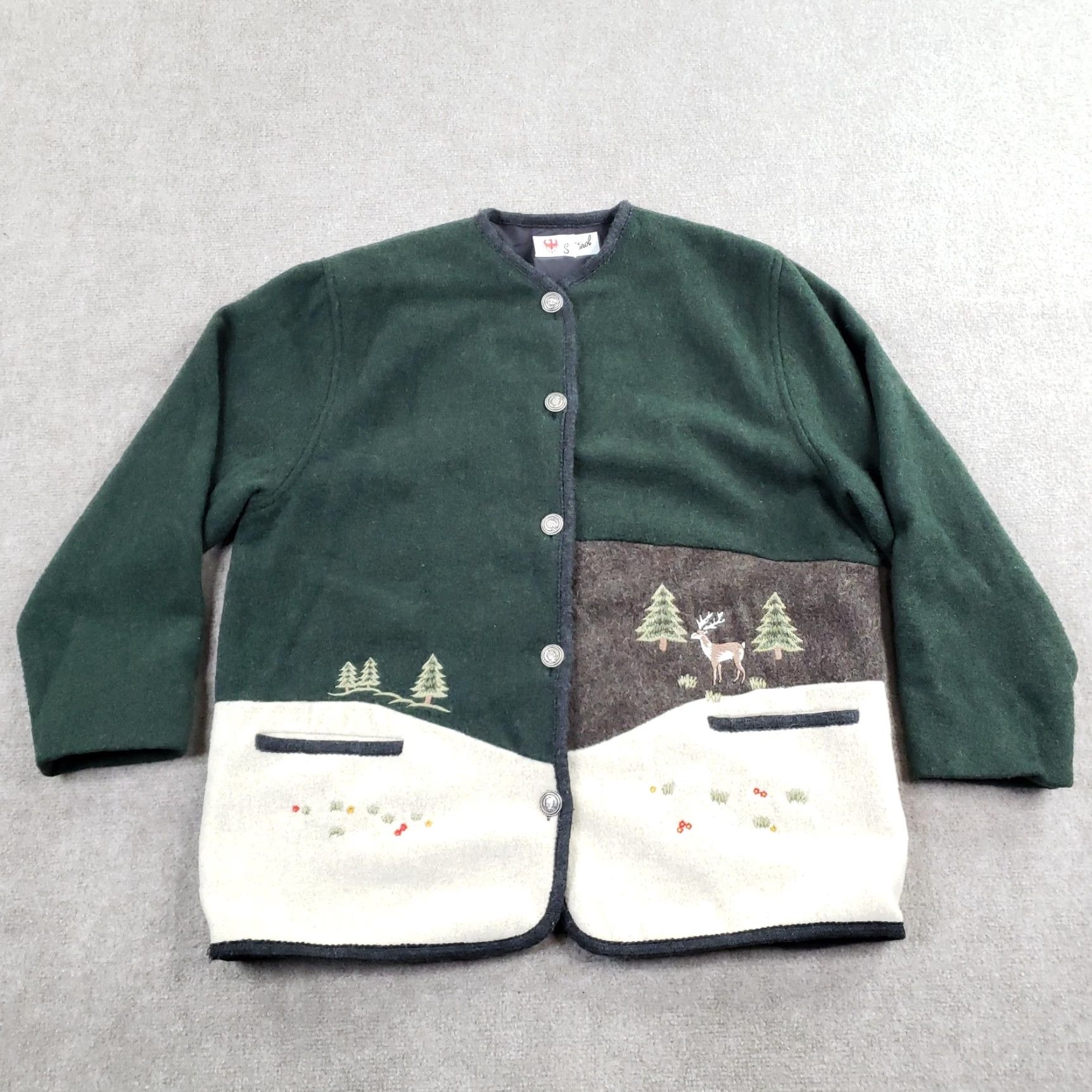 Vintage Südtirol Jacket Womens Large Green Wool Embroidered Deer Forest Scenic Lined Size L / US 10 / IT 46 - 2 Thumbnail