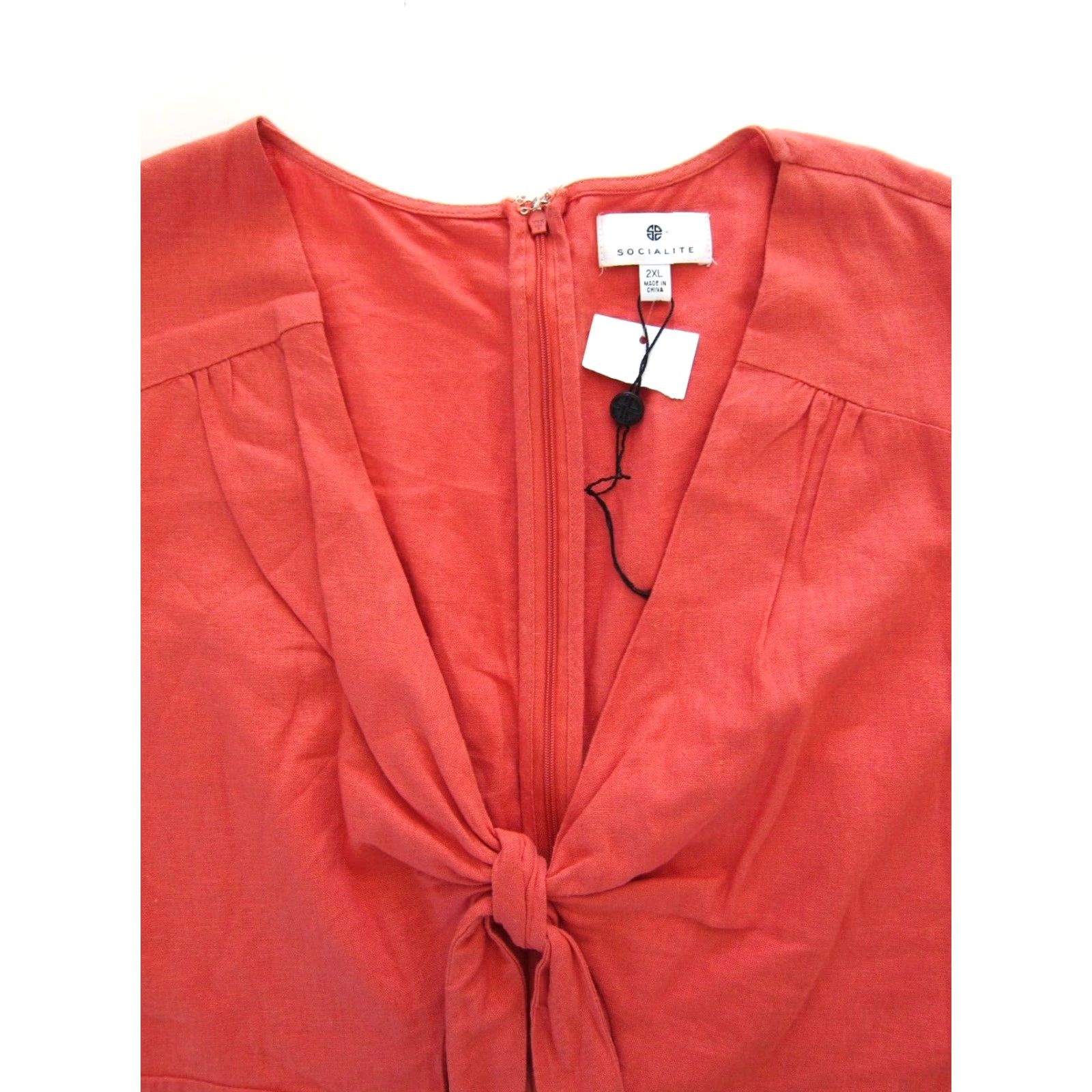 Vintage NWT Socialite Linen Orange Short Sleeve V-Neck Tie Sheath Dress 2XL Womens Size 40" / US 18 - 7 Thumbnail