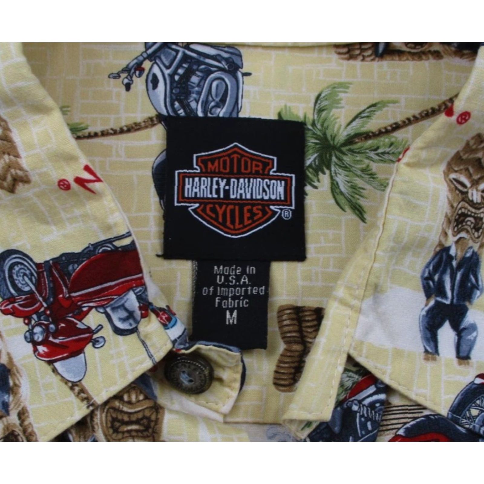 Harley Davidson Harley-Davidson Shirt Mens M Hawaiian Tiki Motorcycle Palm Tree Aloha Rayon USA Yellow Graphic Print Casual VintageSummer 70s? Size US M / EU 48-50 / 2 - 6 Thumbnail