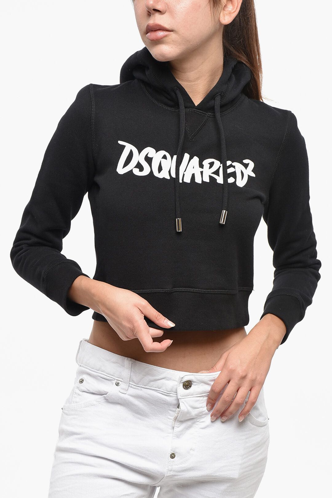 Dsquared2 Cropped Cotton Fleece Hoodie with Contrasting Logo Size M / US 6-8 / IT 42-44 - 1 Thumbnail