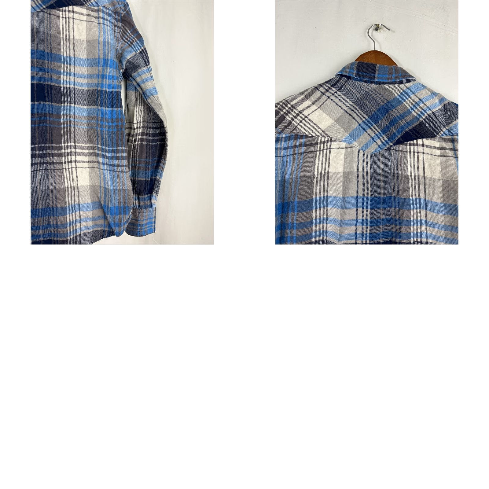 Levi's VINTAGE Levis Shirt Plaid Long Sleeve Pearl Snap Button-Up Gray Blue Mens S Short Details: Chest 21", Length 26", Sleeves 20" Size US S / EU 44-46 / 1 - 9 Thumbnail