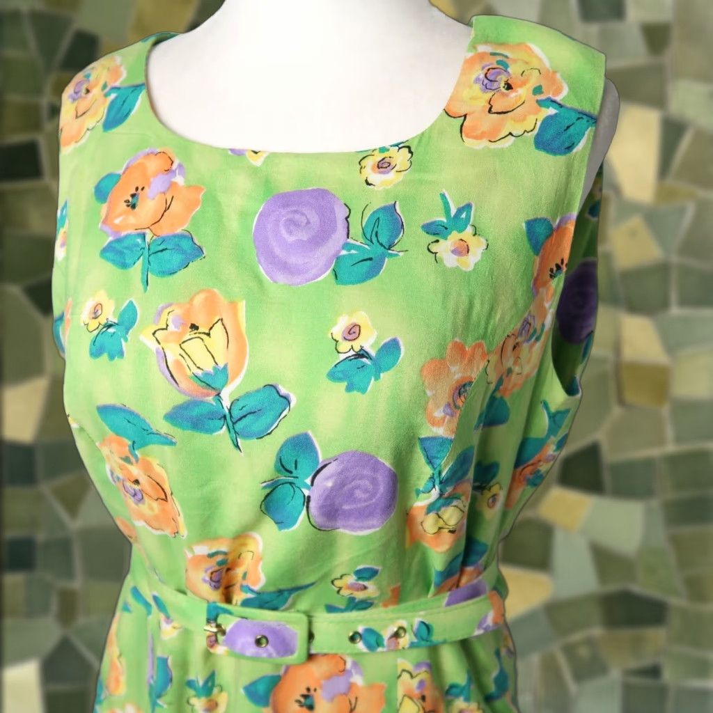 Vintage VINTAGE Karen Klein 90s Light Green Orange Floral Mini Sheath Dress 10 Women? Size L / US 10 / IT 46 - 1 Thumbnail