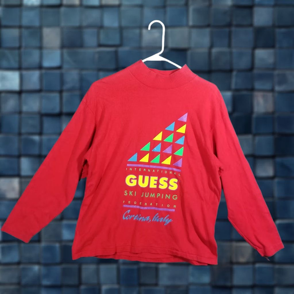 Guess VINTAGE Guess Shirt Unisex Adults One Size Red Mock Neck Long Sleeve Ski Jumping Italy USA 80s Gu ess Georges Marciano T-Shirt Graphic Print Vintage Size US M / EU 48-50 / 2 - 1 Thumbnail