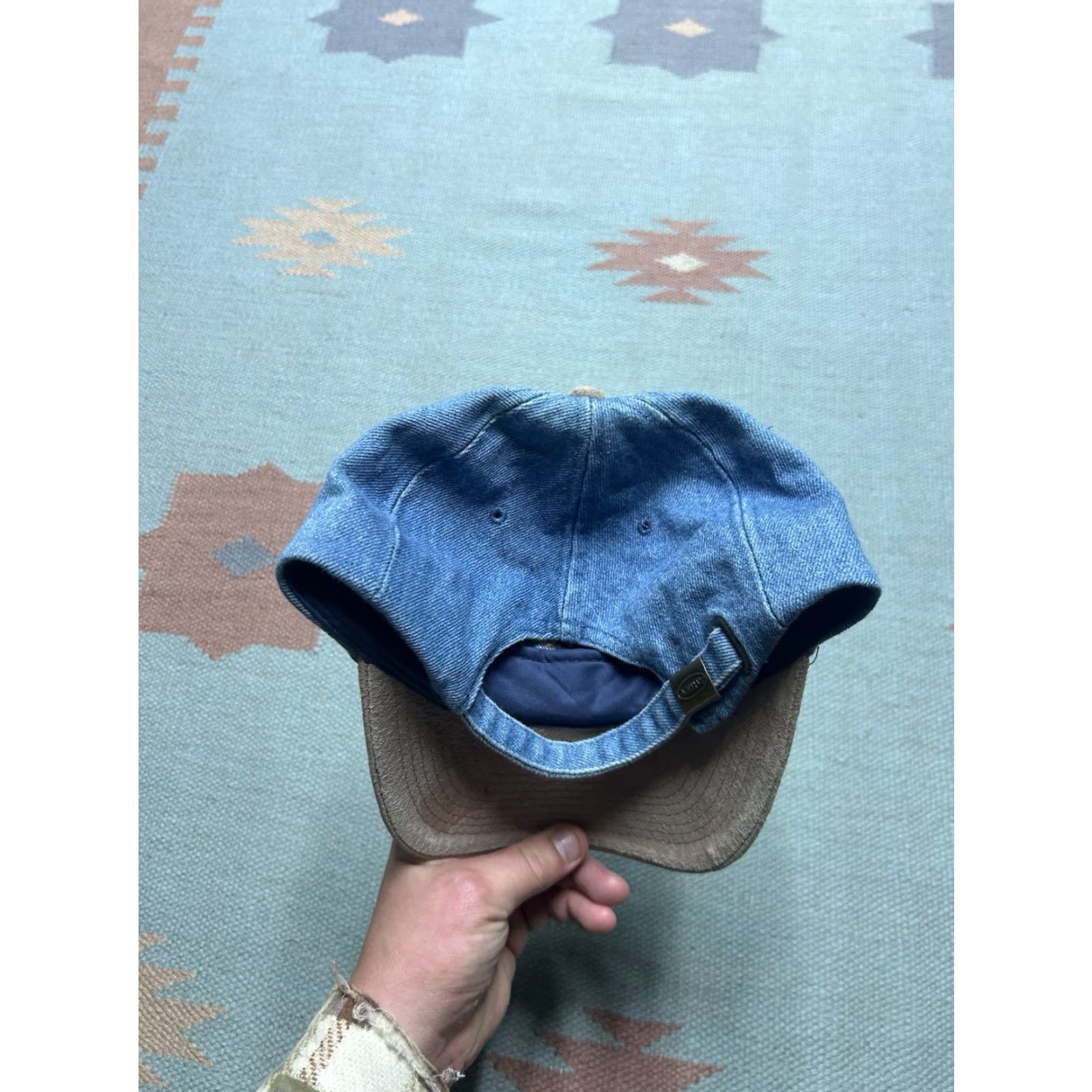 Denime VINTAGE Strapback hat cap Vermont denim embroidered suede bill adjustable Men's Adjustable Blue Denim Suede Vermont Strapback cap Hats Mens Size ONE SIZE - 4 Thumbnail