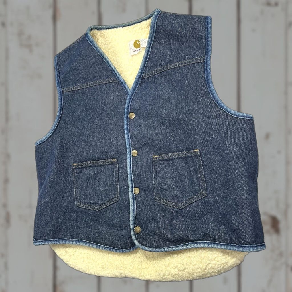 Carhartt VINTAGE Carhartt Denim Jean Vest Men's XL Blue Sherpa Lined Workwear USA 8SV 80s Western Pockets Camouflage? Size US 36 / EU 52 - 1 Thumbnail