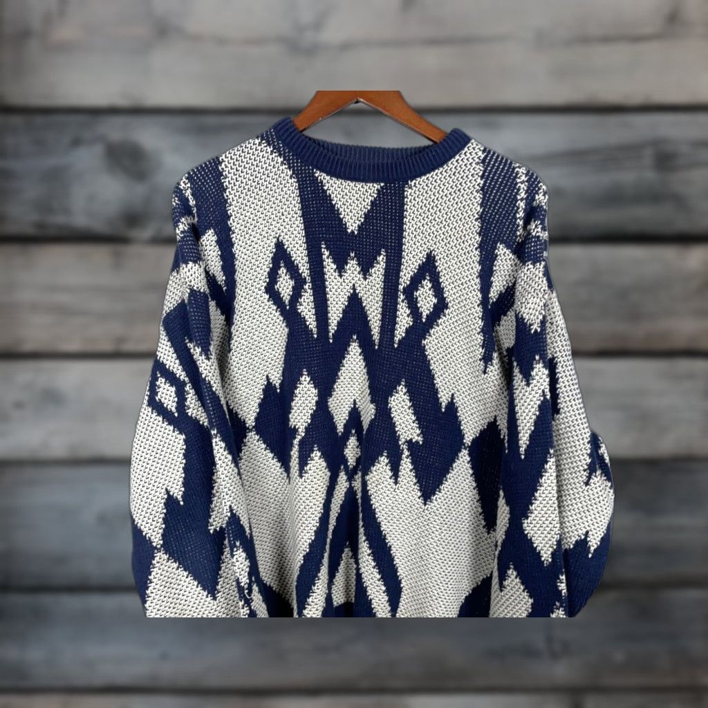 Jantzen VINTAGE Jantzen Geometric Chunky Knit Sweater Adult XL Ivory Dark Blue Cotton Mens Size US XL / EU 56 / 4 - 1 Thumbnail
