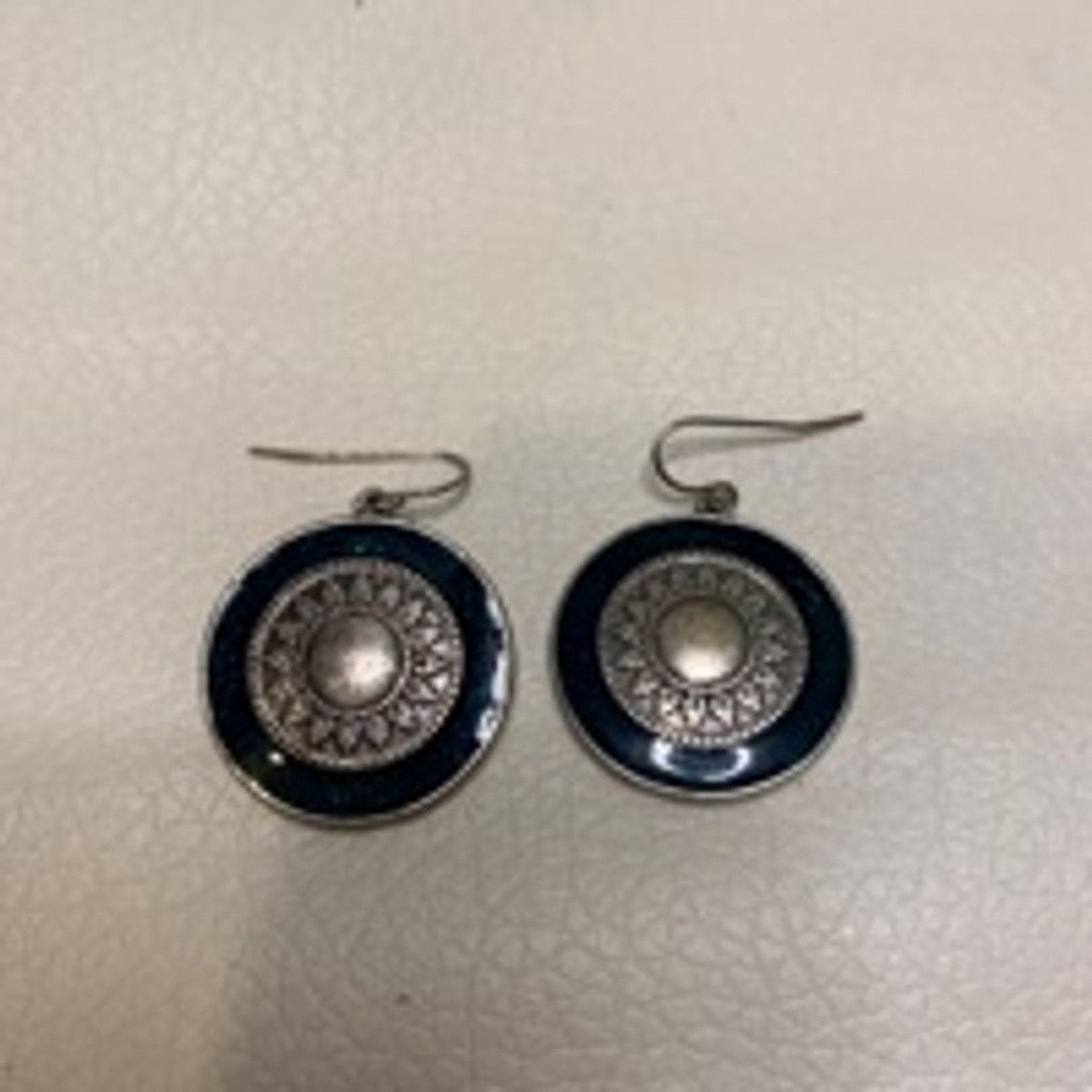 Vintage Boho Round Dangle Earrings Silver & Navy Blue Enamel Size ONE SIZE - 2 Thumbnail
