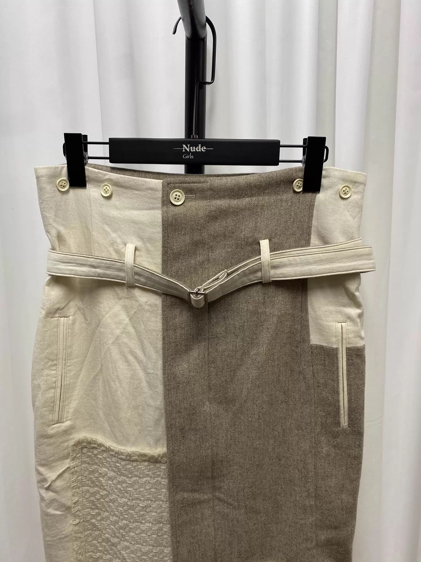 Yohji Yamamoto Y's Yohji Yamamoto Color Blocked Belted Wool-Cotton Skirt Size 26" / US 2 / IT 38 - 2 Thumbnail