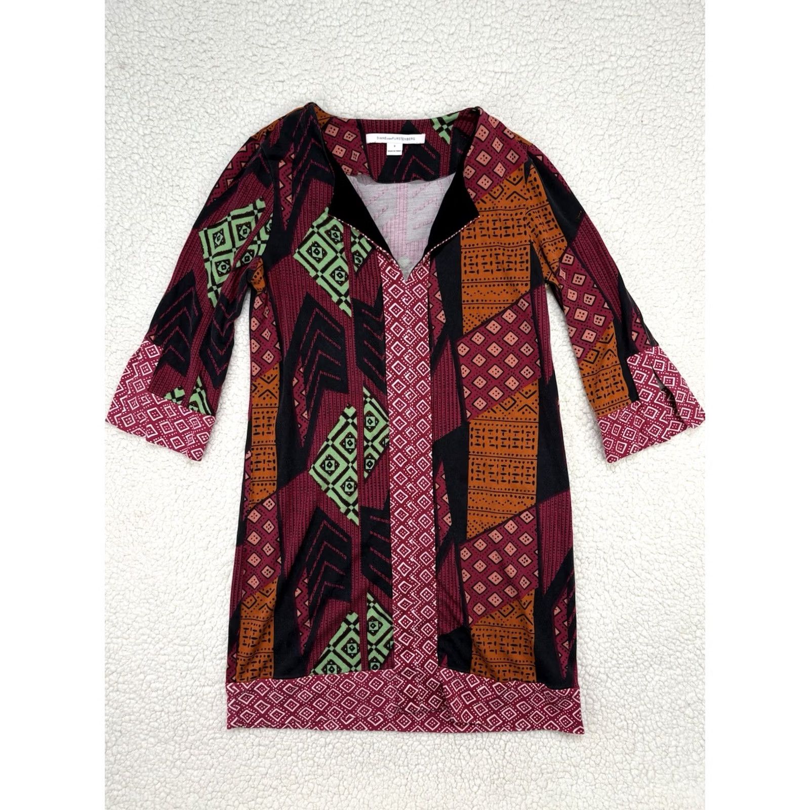 Diane von Furstenberg Diane von Furstenberg Silk Mini Dress Womens 6 Mixed Print Geometric 3/4 Sleeve Size M / US 6-8 / IT 42-44 - 2 Thumbnail