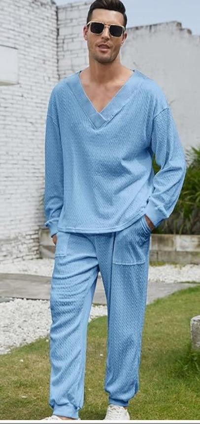 Designer Men's Size LARGE 2 Piece Long Sleeve V Neck Waffle Knit Size US L / EU 52-54 / 3 - 1 Thumbnail