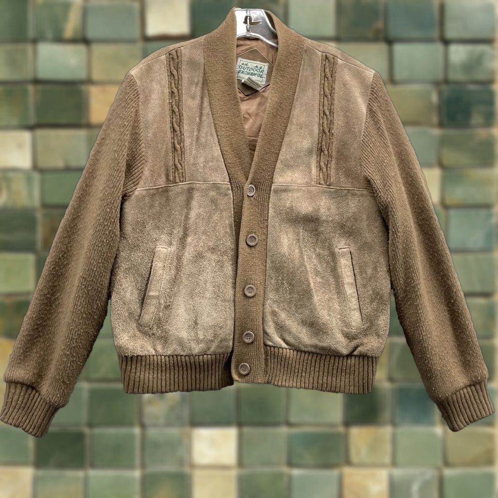 Vintage VTG Outdoor Exchange Cardigan Suede Leather Large Brown Men Knit V-Neck Academia 90s Preppy Old Money Cable-Knit Pattern Solid Size US L / EU 52-54 / 3 - 1 Thumbnail